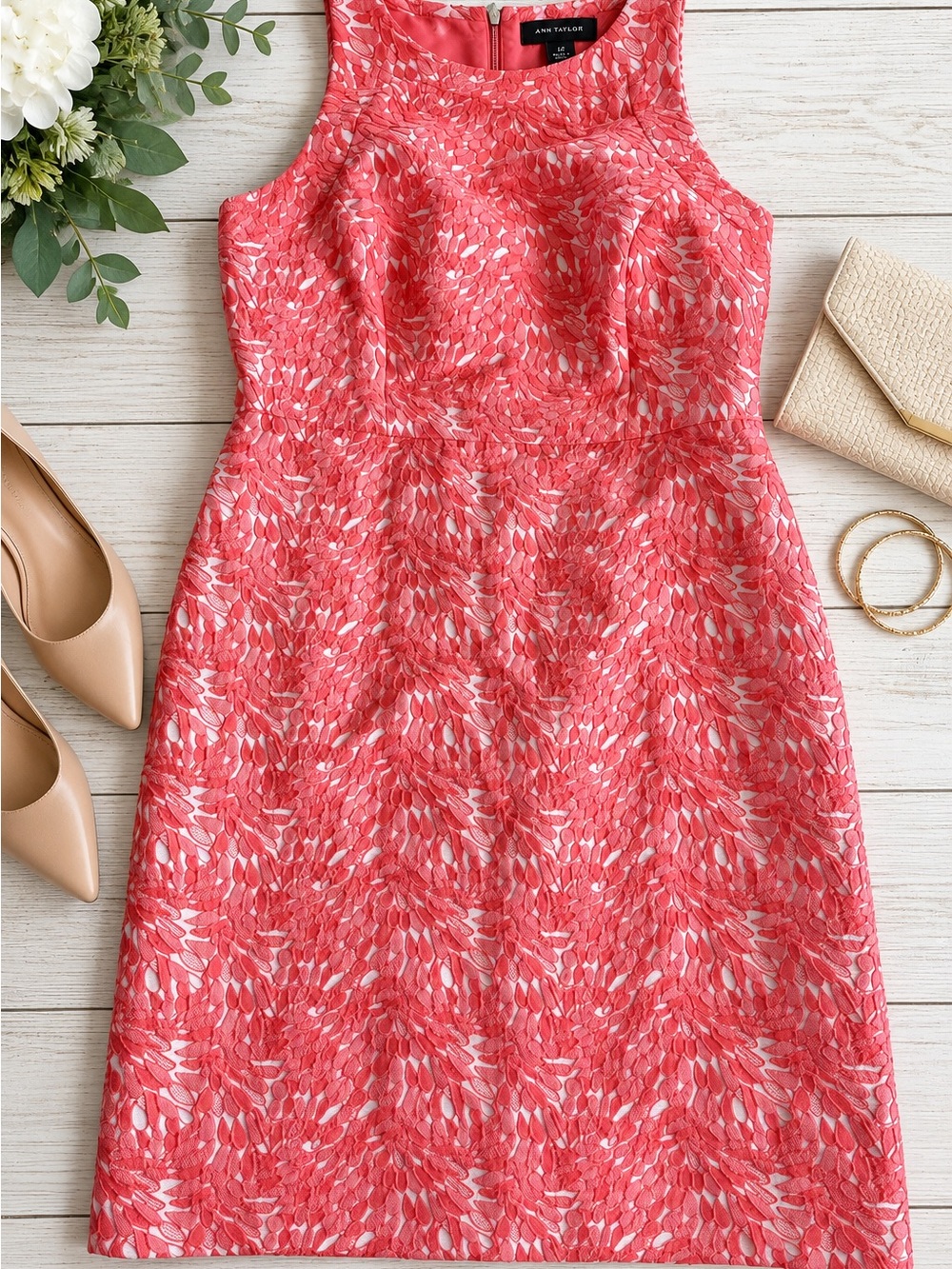 Ann Taylor Coral and White Printed Sheath Dress